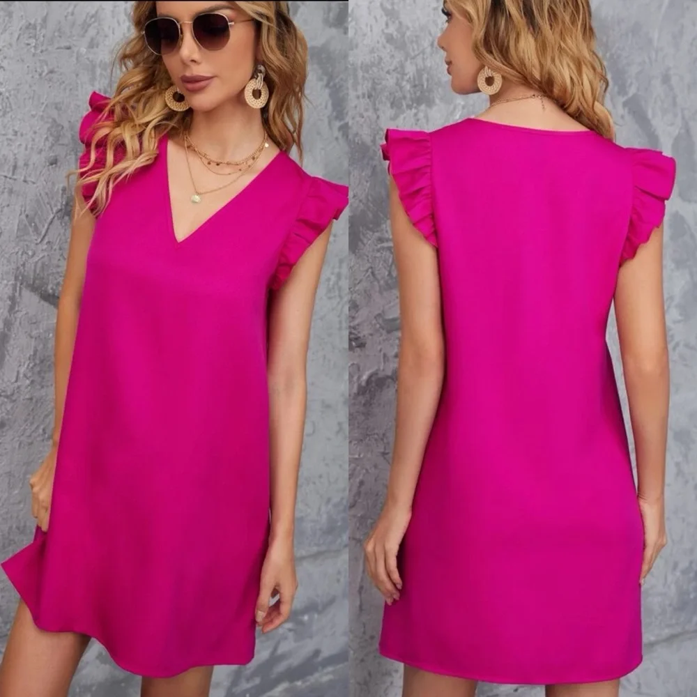 Ruffle tank sleeveless v neck solid tunic dress yellow - Picture 2 of 5